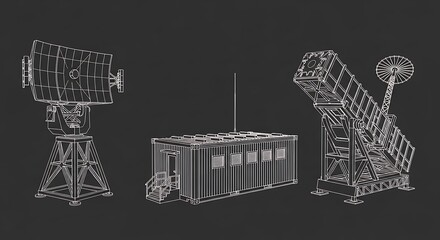 Conceptual 3d render of military equipment and surveillance systems on a dark background.