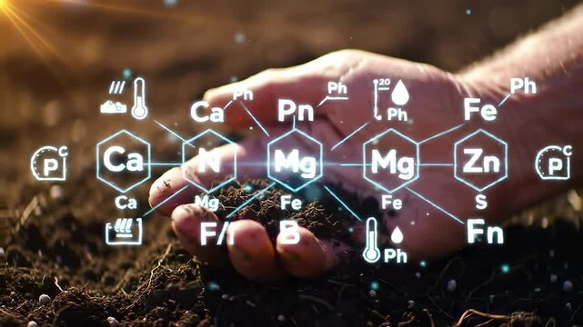 Hand holding soil with glowing chemical element symbols magnesium calcium nitrogen zinc iron, representing essential soil nutrient elements for agriculture, organic farming, plant growth, health