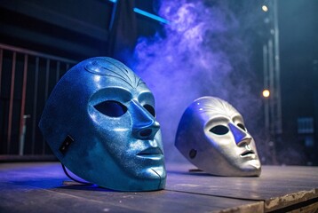 Theatrical metallic masks on stage with smoke. Two shiny metallic masks, blue and silver, rest on a dark stage floor surrounded by dramatic lighting and rising theatrical smoke