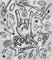 Rock and roll doodle black and white doodle drawing design set. vector illustration