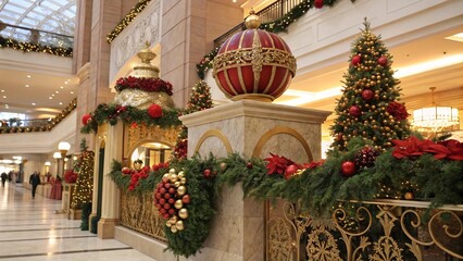 Obraz premium Luxury Mall Interior Decorated for Christmas. Elegant shopping mall adorned with festive Christmas decorations, including garlands, ornaments, and a grand holiday tree