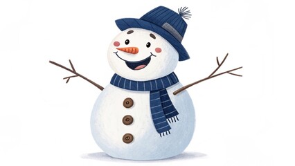 Smiling Snowman with Hat and Scarf. Cheerful snowman illustration with carrot nose, blue hat, striped scarf, and stick arms, isolated on white background