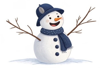 Cute Snowman with Hat and Scarf. Smiling snowman illustration wearing a blue hat and scarf with stick arms, standing on snow in a cheerful winter scene.