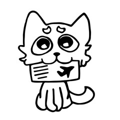 Vector illustration of a dreaming cat holding an air ticket in his teeth. Traveling with pets. Основные RGB