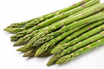 Fresh Green Asparagus Spears on White Background. Close-up of raw green asparagus spears arranged in a bunch, isolated on a clean white background, ready for cooking or recipes