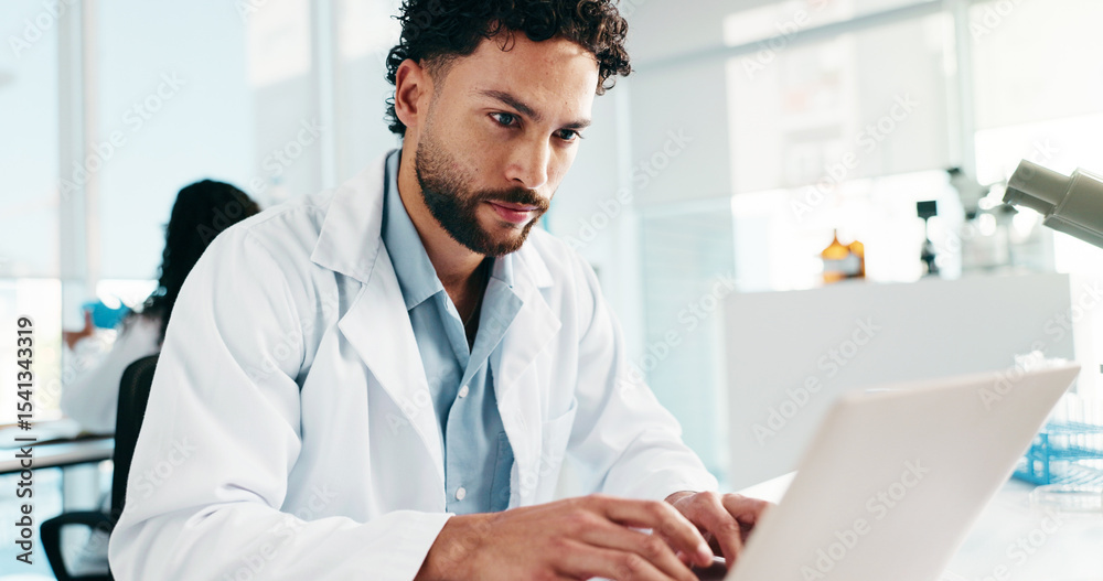 Aufkleber man, scientist and reading on laptop in lab for research, study results and medical experiment. male