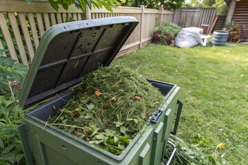 Compost bin filled with garden waste in backyard. Outdoor compost bin overflowing with green garden clippings and organic waste, promoting sustainable living and eco-friendly practices at home