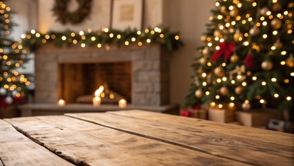 Empty wooden table in cozy Christmas living room. Rustic wooden table in foreground with blurred festive background featuring fireplace, Christmas tree, lights, and warm decorations