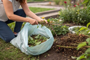Woman Removing Garden Weeds into Trash Bag. Person kneeling in garden while pulling weeds and placing them into a trash bag, symbolizing yard work and outdoor maintenance