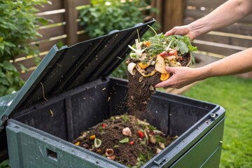 Person Adding Kitchen Scraps to Garden Compost Bin. Hands pouring organic kitchen waste into an outdoor compost bin, promoting sustainable living, recycling, and eco-friendly gardening habits