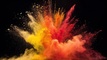 Color Powder Explosion for Indian Holi Festival. Vibrant burst of colorful powder in the air against a dark background, symbolizing joy, energy, and traditions of the Holi festival