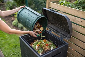 Person Adding Kitchen Scraps to Outdoor Compost Bin. Individual emptying a container of food waste into a backyard compost bin, promoting sustainability, recycling, and eco-friendly living
