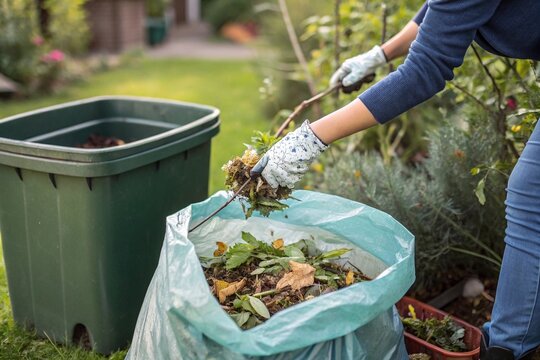 Person collecting garden waste for composting. Close-up of a person wearing gloves cleaning up garden debris, placing leaves and branches into a compost bag outdoors