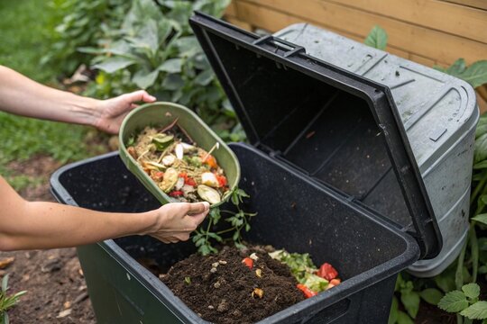Person Adding Food Scraps to Outdoor Compost Bin. Hands dumping organic kitchen waste into a backyard compost bin, promoting sustainable living and eco-friendly gardening practices