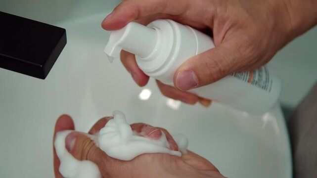 Man applying foam cleanser from dispenser bottle