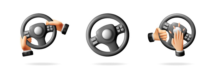 Steering wheel vector illustration set with cartoon hands. Drive concept, car control, and gaming design for web.
