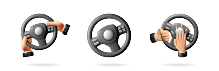Selbstklebende Fototapeten Auto Steering wheel vector illustration set with cartoon hands. Drive concept, car control, and gaming design for web.  © absent84