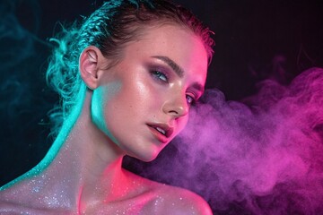 Glamorous woman in neon light with smoke. Close-up portrait of a stylish woman with glowing skin, colorful makeup, and dramatic neon lighting with pink and teal smoke