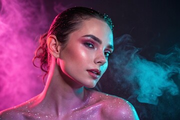 Glamorous Woman in Neon Light with Glitter Skin. Stylish woman with glowing makeup and glitter-covered skin posing in dramatic neon lighting and colored smoke for a fashion concept