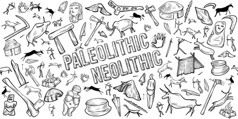 Paleolithic and Neolithic linear doodle illustration. Hand drawn vector clip art. Background banner set.