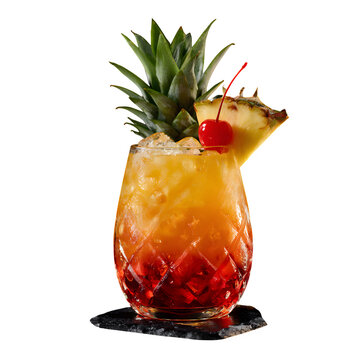Stylish rum punch cocktail with tropical fruit mix, garnished with pineapple and cherry