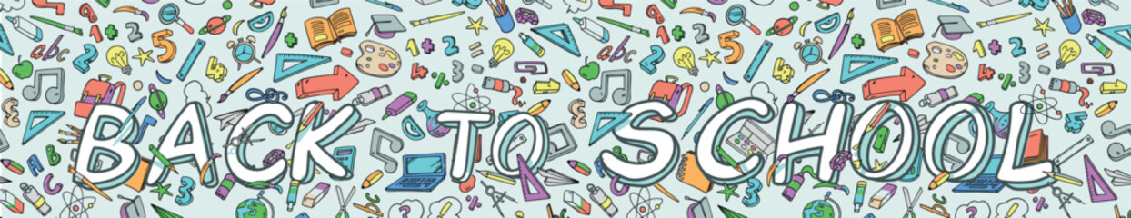 horizontal doodle cartoon set of School objects and symbols. vector illustration