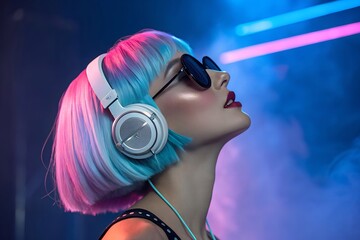 Trendy Woman with Headphones in Neon Light. Stylish young woman with colorful hair, sunglasses, and headphones enjoying music under neon lights in a futuristic setting