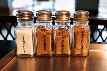 set of aromatic seasoning for beverage or coffee in a cafe.