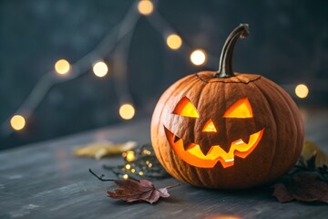 Glowing jack-o'-lantern pumpkin with Halloween lights. Carved Halloween pumpkin with a spooky face lit from inside, surrounded by fall leaves and festive string lights on a dark table