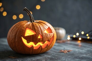 Glowing Halloween jack-o'-lantern with spooky lights. Carved pumpkin with a glowing face set on a moody surface, surrounded by Halloween lights and autumn atmosphere
