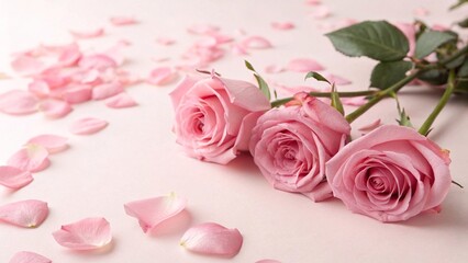 Pink Roses with Scattered Petals on Soft Background. Elegant arrangement of pink roses with fallen petals on a light background, symbolizing romance, beauty, and delicate emotions