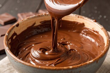 Melted chocolate being poured into ceramic bowl. Thick, smooth melted chocolate being poured into a rustic bowl, perfect for dessert, baking, or confectionery visuals