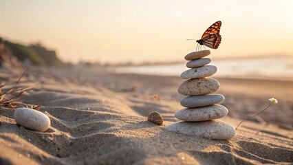Butterfly on Zen stacked stones at sandy beach. Peaceful beach scene with a butterfly resting on balanced pebbles at sunset, symbolizing harmony, nature, and mindfulness.
