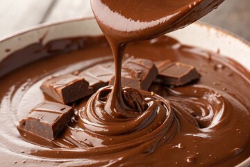 Melted chocolate poured over chocolate chunks. Close-up of rich melted chocolate being poured onto solid chunks, perfect for dessert, baking, and indulgent food concepts