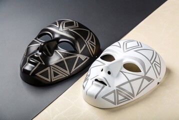 Black and white tribal masks on contrasting background. Two decorative masks, one black and one white, with geometric tribal patterns, placed on a split black and beige surface