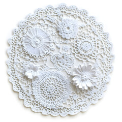 Obraz premium Elegant white lace doilies with flower, round, and heart-shaped motifs, isolated on white background.