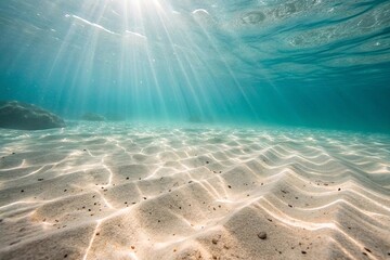 Sunlight Rays Shining Through Clear Ocean Water. Underwater view of sunlight beams piercing through crystal-clear water, illuminating rippled sand on the ocean floor