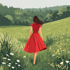 Woman in Red Dress Walking Through Meadow Illustration. Vector-style illustration of a woman in a red dress walking through a green wildflower meadow toward a distant forest landscape