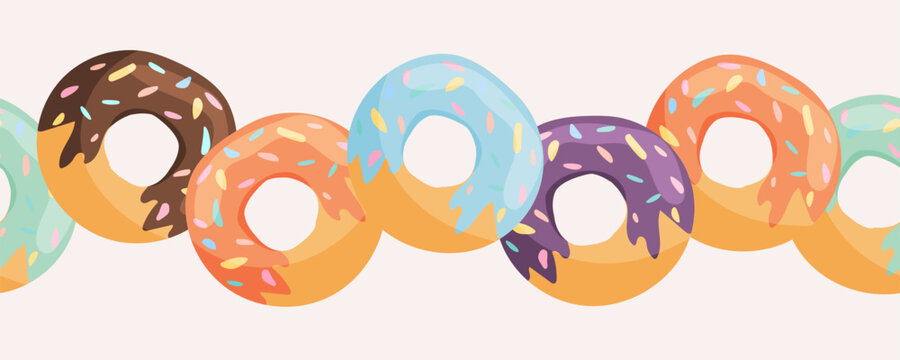 Vector horizontal border with donuts in colorful glaze and sprinkles. Perfect for packaging, cafe decoration, banners, business cards, menus and text placement