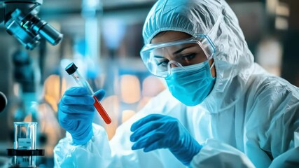 Lab worker with test tube and microscope - Powered by Adobe