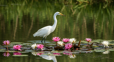 Obraz premium Egret in Lotus Pond PNG