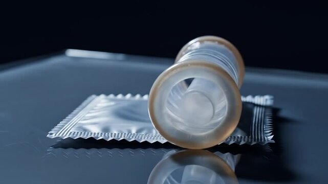Close-up of a condom, partially unrolled, resting on its packaging.