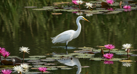 Obraz premium Graceful Egret in Pond PNG