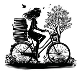 Obraz premium Creative Illustration of a Girl Riding Bike Surrounded by Nature and Books