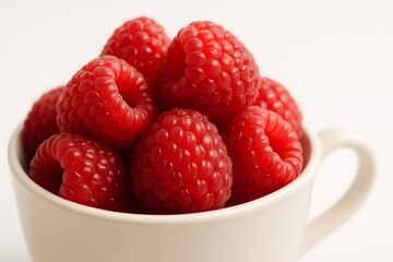 Fresh raspberries overflowing a small white cup