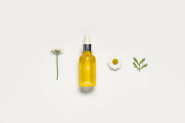 Bottle of chamomile cosmetic oil and flowers on white background