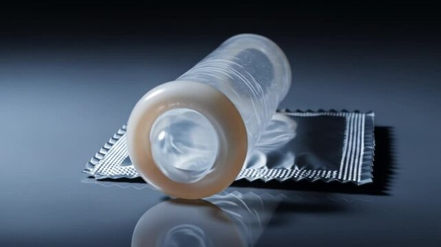 Close-up of a condom with its packaging, emphasizing safe sex and protection.