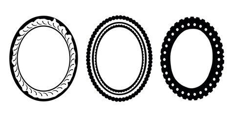 Set of three elegant hand-drawn oval frames in black outline. Ideal for labels, logos, cards, packaging, and vintage design