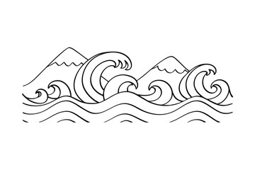 Black and white illustration of mountains and ocean waves in japanese style