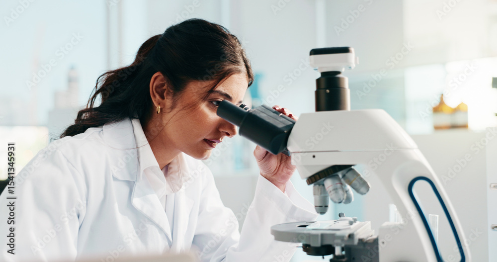 Poster lab, scientist and woman with microscope, study and analysis for drug development and biotechnology.